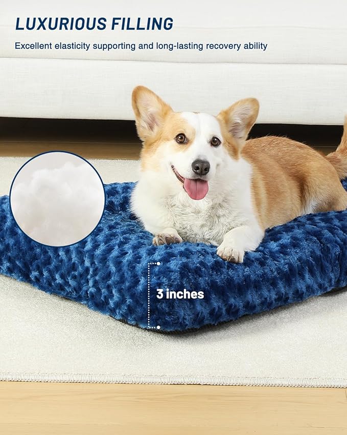 KSIIA Washable Dog Bed Comfy Dog Crate Pad Deluxe Plush Pet Bed Non-Slip Kennel Pad for Medium Dogs, 29" x 21", Blue