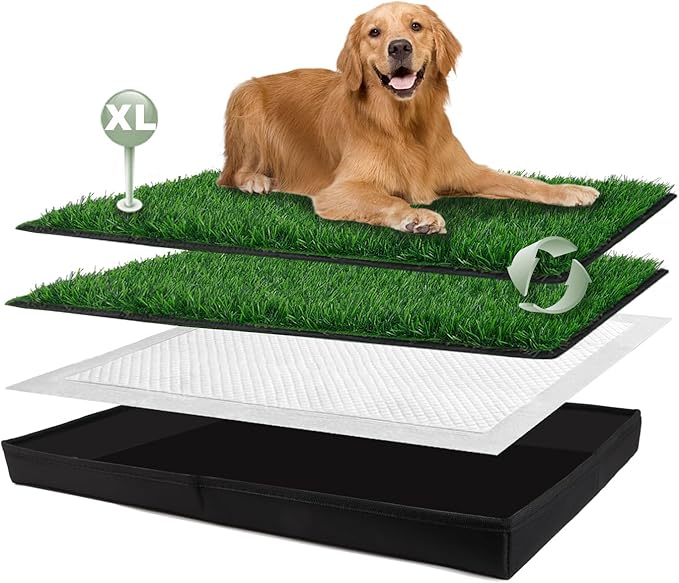 HQ4US 4LEGS Dog Grass Pad with Foldable Dog Litter Box, Extra Large Liner Base (44”×34”) for Balcony, 2 Artficial Grass Pee Pads for Dogs, Pee Pad Holder, Potty Training