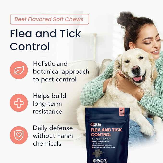 Vets Preferred Flea and Tick Prevention for Dogs Chewable - Daily Defense Without Harsh Chemicals - Immune Support & Antioxidant Protection - Beef Flavored - 90 Soft Chews
