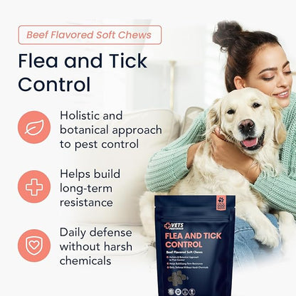 Vets Preferred Flea and Tick Prevention for Dogs Chewable - Daily Defense Without Harsh Chemicals - Immune Support & Antioxidant Protection - Beef Flavored - 90 Soft Chews
