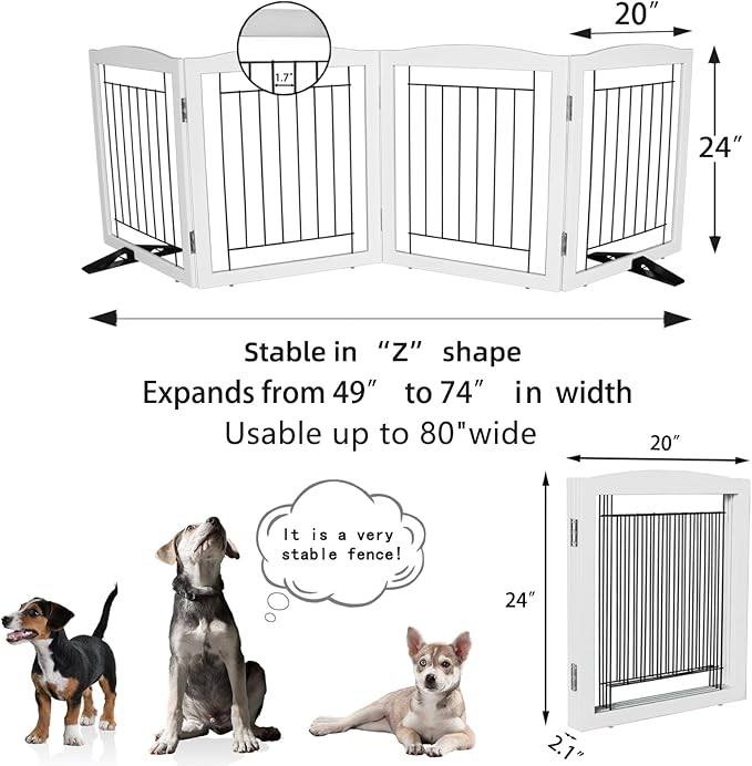 ZJSF Freestanding Dog Fence Indoor, Foldable Dog Gate for Doorways, Stairs or Hallways, Sturdy Wood Extra Wide Pet Gate with Support Feet for The House, White, 24 "Height-4 Panels