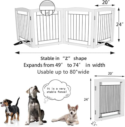 ZJSF Freestanding Dog Fence Indoor, Foldable Dog Gate for Doorways, Stairs or Hallways, Sturdy Wood Extra Wide Pet Gate with Support Feet for The House, White, 24 "Height-4 Panels