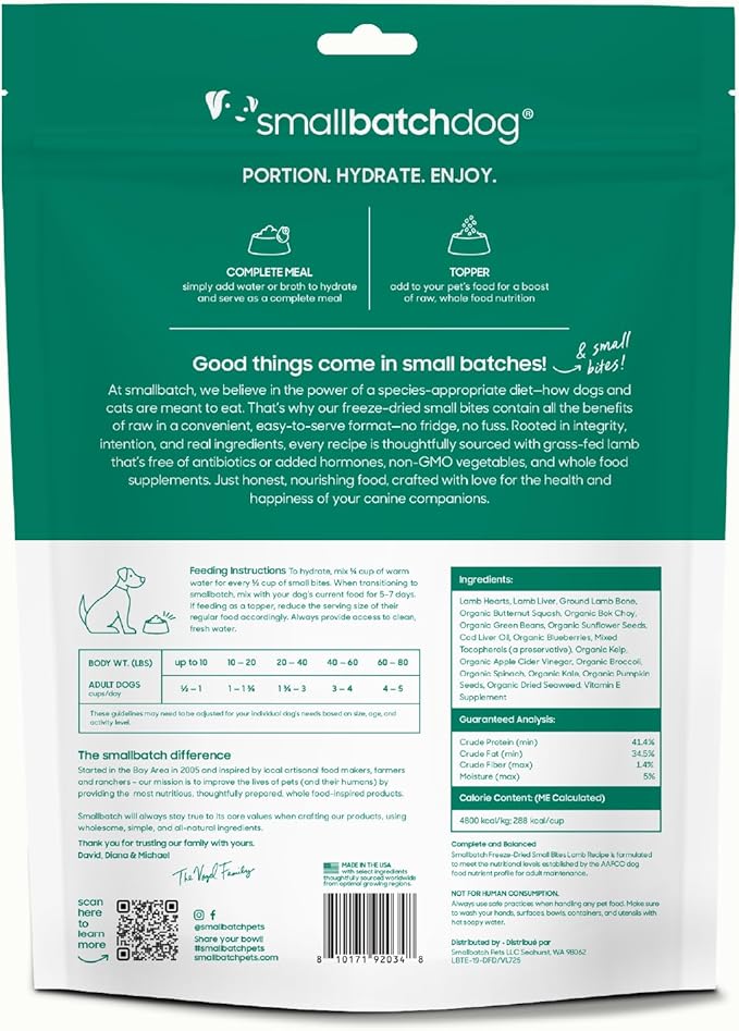 smallbatch Freeze Dried Dog Food – Lamb Recipe, Small Bites, Grain Free, Organic Produce – Grass Fed Lamb Hearts & Organs – High Protein Meal – Complete & Balanced Nutrition – 19 oz, Made in USA