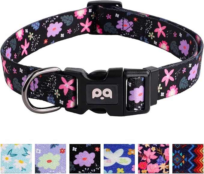 QQPETS Adjustable Soft Dog Collar: Print Flower Pink Multicolor Cute Patterns for XS Small Medium Large Pet Girl Boy Puppy Walking Running Training