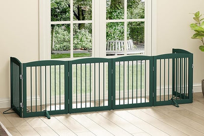 PUPETPO Freestanding Pet Gate for Dogs, Foldable Wooden Dog Gate for House, Extra Wide Indoor Pet Barrier for Stair, Doorway, Hall, Support Feet Included, 120 Inch Wide, 6 Panels 24",Green
