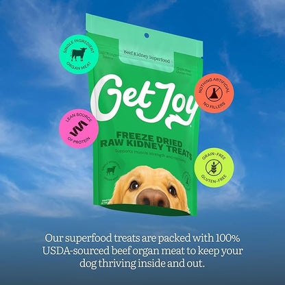 Get Joy Freeze Dried 100% Beef Kidney Dog Treats, 4oz | Single Ingredient Organ Meat, High Protein Raw Dog Food Topper, Snack & Training Rewards | Grain Free, Gluten Free, Filler Free