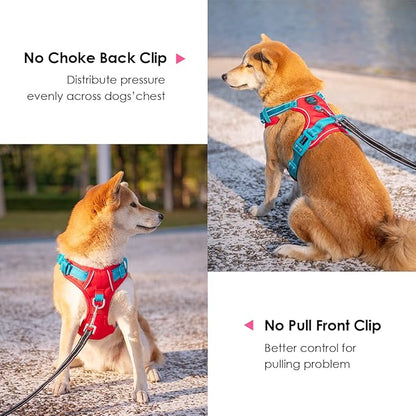 PHOEPET No Pull Dog Harness, Unique Colors Reflective Adjustable Dog Vest, with Soft Training Handle Metal Clips for Small Medium Large Dogs (Red Base & Teal Straps,XL)