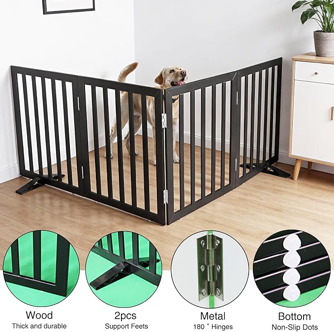 Dog Gate Indoor, Freestanding Dog Fence for The House, Doorways, Hallways,or Stairs,Pet Gate Foldable Wooden,Expandable 24" Height 4 Panels,Black