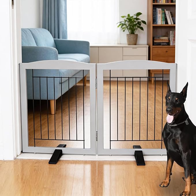 ZJSF Freestanding Dog Fence Indoor, Foldable Dog Gate for Doorways, Stairs or Hallways, Sturdy Wood Extra Wide Pet Gate with Support Feet for The House, Grey, 24 "Height-2 Panels