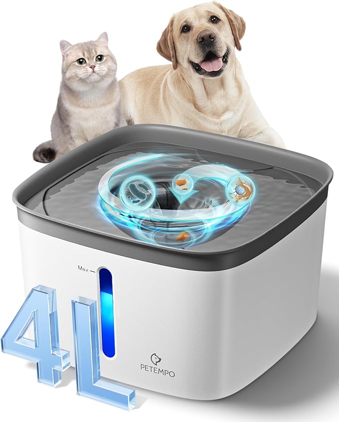 Cat Water Fountain, 135oz/4L Ultra Quiet Dog Water Bowl Dispenser, Instant Clean Vortex Design, Pet Water Fountain with Filter, Cats Dogs Pets Fountain for Drinking Automatic with LED Light (Gray)