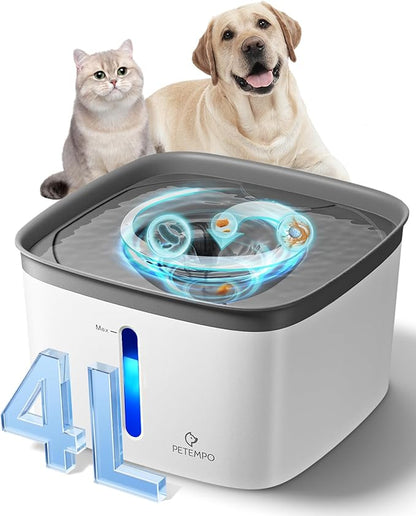Cat Water Fountain, 135oz/4L Ultra Quiet Dog Water Bowl Dispenser, Instant Clean Vortex Design, Pet Water Fountain with Filter, Cats Dogs Pets Fountain for Drinking Automatic with LED Light (Gray)