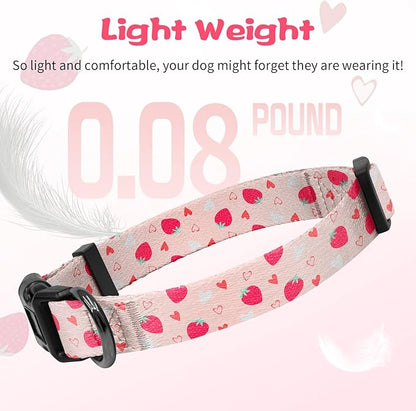 Kazazoo Dog Collar Cute and Soft Nylon Puppy Collar Girl, Adjustable Dog Collars for Medium Large Dogs, Strawberry-L