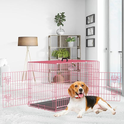 48 Inch Dog Crate Dog Kennels Folding Mental Wire Crates Dog Crates for Large Dogs Cage Outdoor Indoor Pet XL Dog Crate with Double-Door,Divider Panel, Removable Tray,Pink