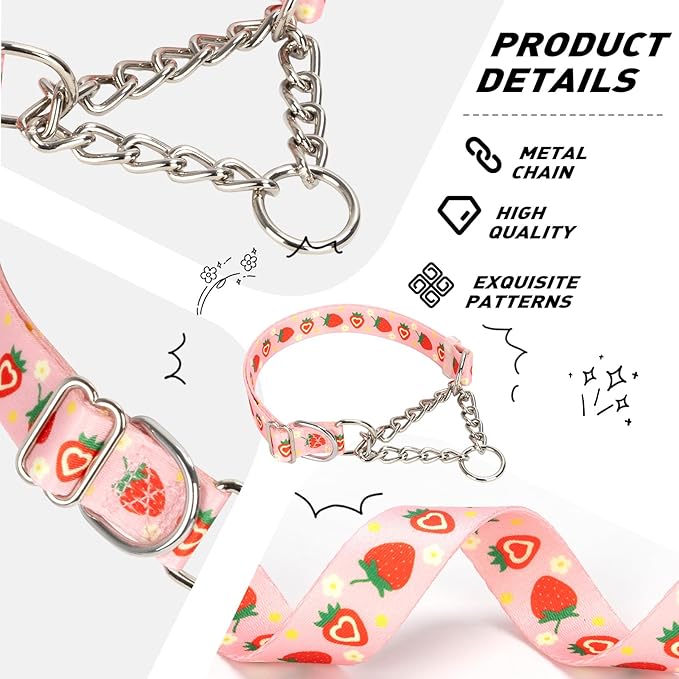Pink Strawberry Martingale Dog Collar with Chain - No-Pull Training Collar Soft & Durable Design for Medium, Large & XL Dogs (XL Strawberry)