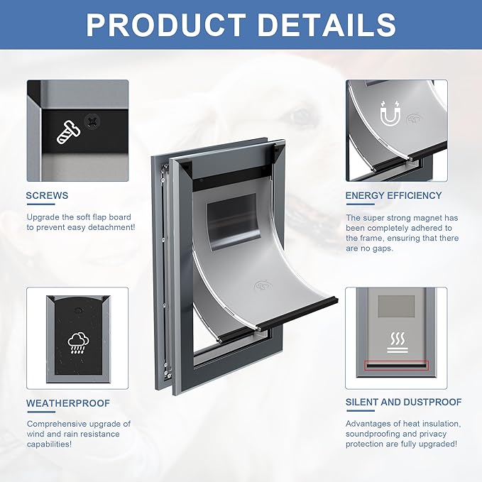 MAVRICFLEX Heavy Duty Dog Door with Double Sliding Lock Panels, Energy Efficient Doggie Door, Easy Installation, Two Magnetic Soft Flaps Doggy Door for Large Dogs Up to 100LBS, Large, Dark Gray