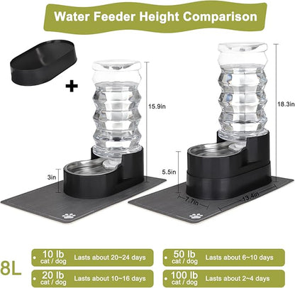 RIZZARI Large Water Dispenser for Dogs: 8L Black Raised Gravity Auto-Refill Waterer with Stainless Steel Bowl - Leak-Resistant & Easy Cleaning - Less Bending for Senior Dogs - Garage & Garden
