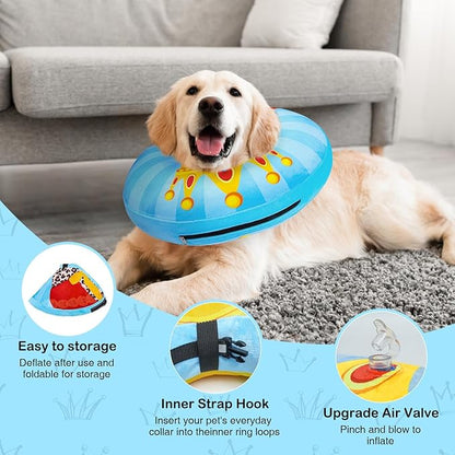 SCENEREAL Dog Cone Alternative After Surgery Donut Collar, Soft Pet Recovery Pillow Collar for Medium Large Dogs, Inflatable Adjustable Neck Collars to Prevent Licking, King Print E-Collars M