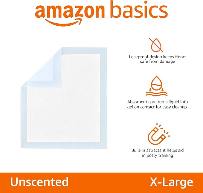 Amazon Basics Leak-Proof Dog and Puppy Potty Training Pee Pads with Quick-Dry 5-Layer Design, X-Large Size 28 x 34 Inch, Blue & White, 40-Pack