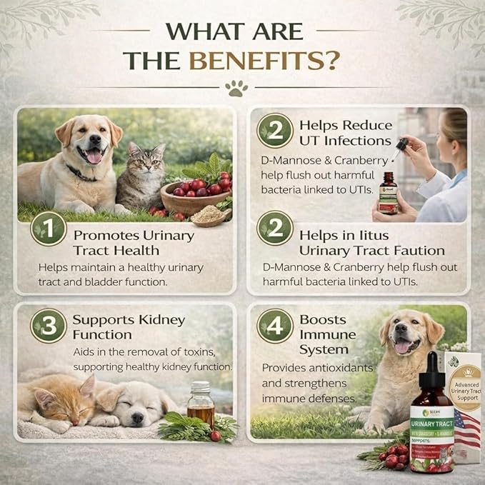 Herbal Urinary Tract Drops for Pets - 60ml Urinary Tract Support with Glucosamine & Natural Herbs, UTI Relief & Bladder Health Supplement for Dogs & Cats, Easy-to-Use Liquid Drops (2Oz)