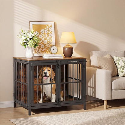 HOOBRO Heavy Duty Dog Crate Furniture, 31.5" Wooden Indoor Kennel with 3 Doors, Chew Resistant Metal Cage for Small and Medium Breeds, Dog Crate Side Table, Black and Rustic Brown BF81GW03