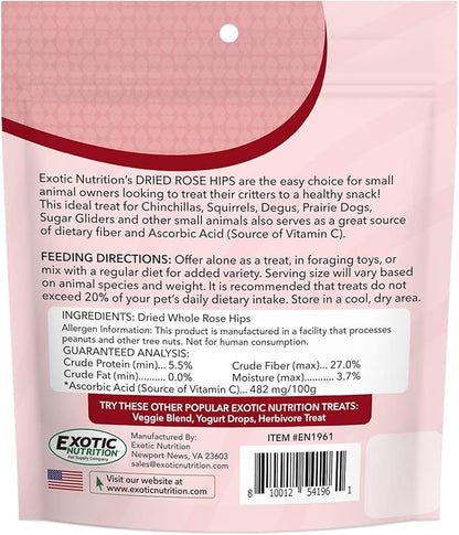 Exotic Nutrition Dried Rose HIPS (3 oz.) - Healthy Natural Treat - Chinchillas, Guinea Pigs, Rabbits, Prairie Dogs, Degus, Hamsters, Rats, Squirrels, Parrots, Chickens, Ducks & Other Small Pets