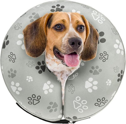 SCENEREAL Dog Cone Alternative After Surgery Donut Collar, Soft Pet Recovery Pillow Collar for Medium Large Dogs, Inflatable Adjustable Neck Collars to Prevent Licking, Grey Footprints M