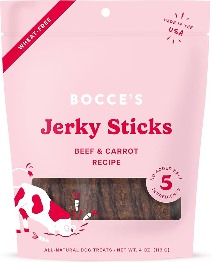 Bocce's Bakery Jerky Stick Dog Treats, Wheat-Free, Made with Limited-Ingredients, Baked in The USA with No Added Salt or Sugar, Natural & High-Protein, Beef & Carrot Recipe, 4 oz