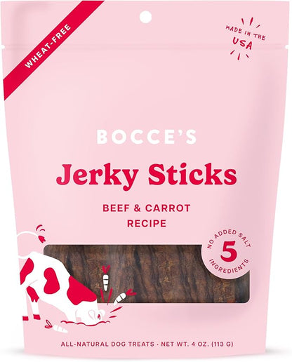 Bocce's Bakery Jerky Stick Dog Treats, Wheat-Free, Made with Limited-Ingredients, Baked in The USA with No Added Salt or Sugar, Natural & High-Protein, Beef & Carrot Recipe, 4 oz