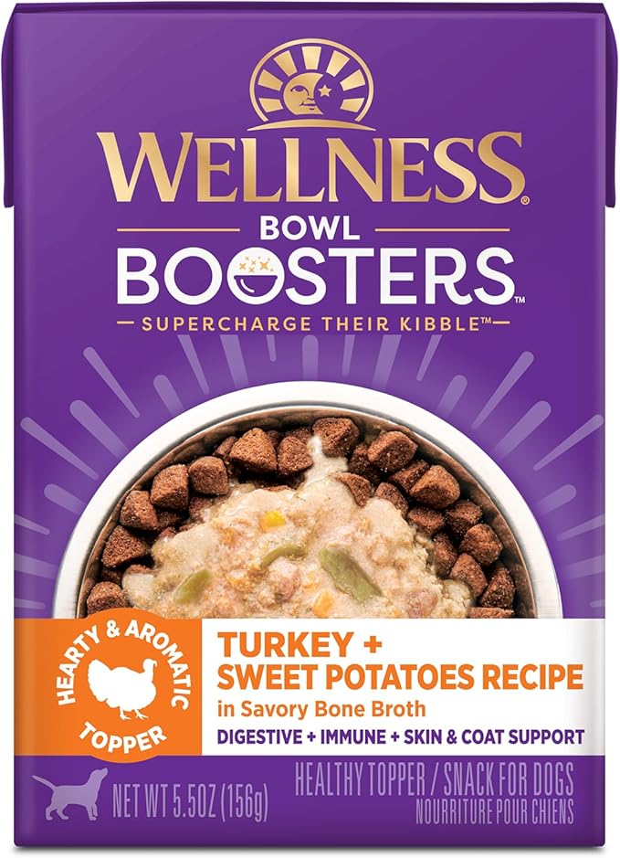 Wellness Bowl Boosters Hearty Topper Wet Dog Food for Small, Medium, and Large Breeds, Grain Free, Natural, Turkey and Sweet Potatoes Recipe, 5.5 oz, Pack of 12