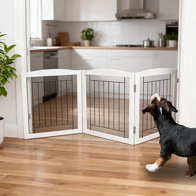 ZJSF Freestanding Foldable Dog Gate for House Extra Wide Wooden White Indoor Puppy Gate Stairs Doorways Pet Gate Tall Dog Fence 3 Panels Fence