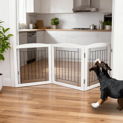 ZJSF Freestanding Foldable Dog Gate for House Extra Wide Wooden White Indoor Puppy Gate Stairs Doorways Pet Gate Tall Dog Fence 3 Panels Fence