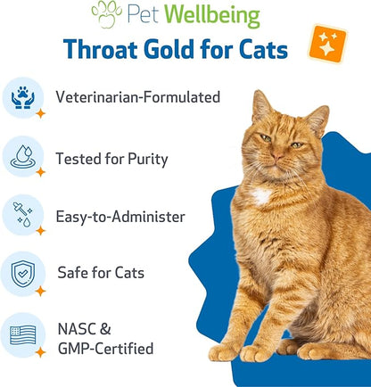 Pet Wellbeing Throat Gold for Cats - Cat Respiratory Support, Occasional Cough & Hoarseness with Mullein & Slippery Elm - NASC Certified & Vet-Formulated - 2 oz Liquid Formula