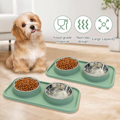 BNOSDM 2 Pcs Double Dog Food Bowls, Stainless Steel Small Dog Food and Water Bowls with Non-Spill Plastic Mat, Pet Cat Feeder Dish Set for Puppy Cats Kitten, Green