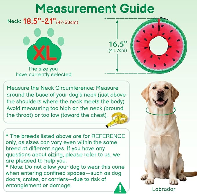 Sponge Dog Cone After Surgery, No Inflation Required Dog Donut Collar to Stop Licking, Inflatable Cone Alternatives for Large Pets, Soft Recovery Collar with Protective Shield (Watermelon, XL)