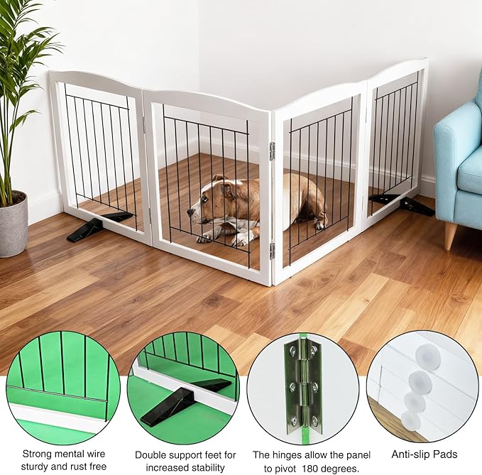 ZJSF Freestanding Dog Fence Indoor, Foldable Dog Gate for Doorways, Stairs or Hallways, Sturdy Wood Extra Wide Pet Gate with Support Feet for The House, White, 32 "Height-4 Panels