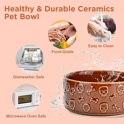 SPUNKYJUNKY Elevated Dog Bowls Ceramic, 6.1'' Dogs and Cat Food Water Bowls Raised with Non-Slip Bamboo Stand for Medium Sized Breed Microwave Dishwasher Safe - 28.7 OZ,Skull Bronze