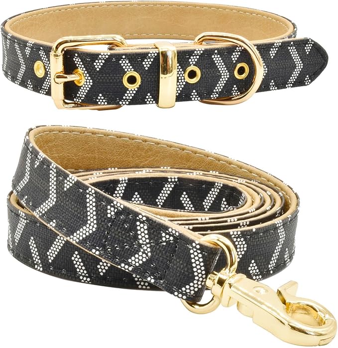 Leather Dog Collar and Leash Set, Check Pattern Dog Collar Leashes Metal Buckle Adjustable Durable for Small Medium Large Dogs (Black, XL(18-22IN))