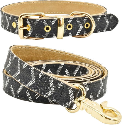 Leather Dog Collar and Leash Set, Check Pattern Dog Collar Leashes Metal Buckle Adjustable Durable for Small Medium Large Dogs (Black, M(11.8-15IN))