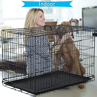 Dog Crate for Large Medium Dogs Folding Dog Kennel Cage with Plastic Tray & Divider 48" Indoor Outdoor Metal Double Door Pet Playpen Heavy Duty Dog Pen Enclosure Black