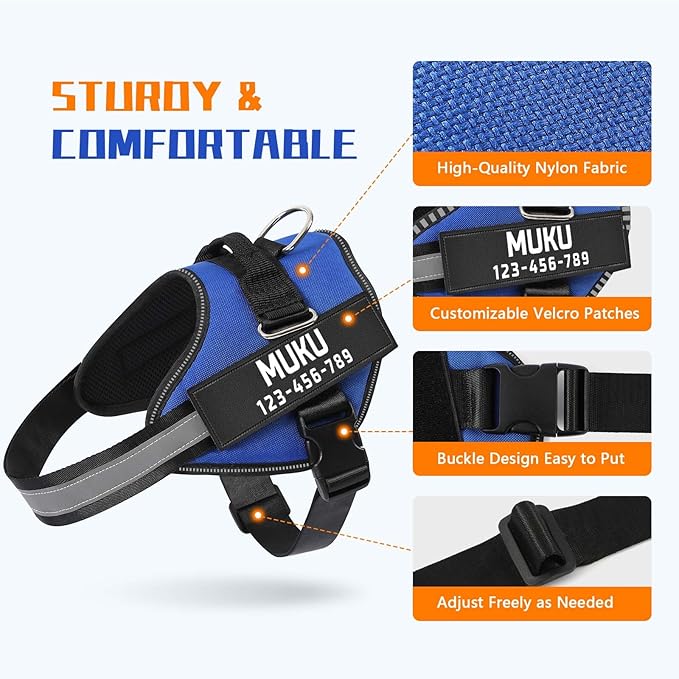 MUMUPET Custom Dog Harness Vest with 2 Personalized Name & Phone Patches, No Pull Reflective Adjustable with Handle, Soft Breathable Padding for Medium Dogs (Blue, M)