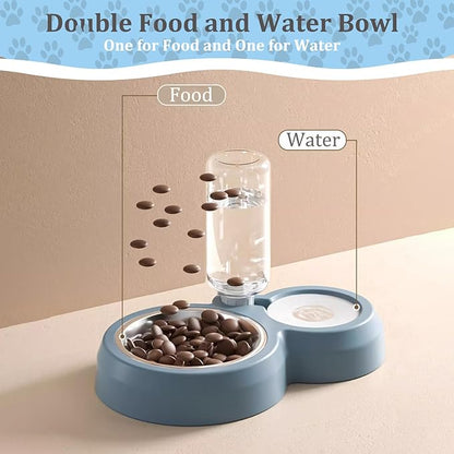 Double Dog Cat Bowls, Pets Food and Water Bowl Set with Automatic Water Dispenser and Stainless Steel Bowl Silicone Dog Bowl Mat, Gravity Feeder for Cats and Small Dogs Puppies (Blue)