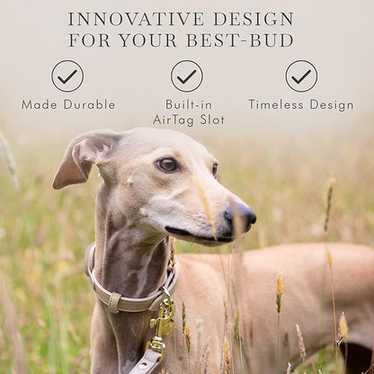 NINA WOOF Cupertino Dog Collars, Harnesses & Leashes Made from Vegan Leather with Dog Tracker Device Holder Adjustable Dog Collar (Extra Small, Beige)