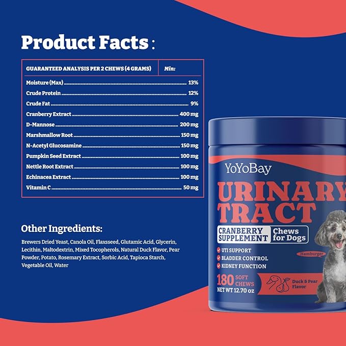 Dog UTI Treatment - 180 Dog Bladder Control Chews, Cranberry Supplement for Urinary Tract Health, Cranberry Chews for Dogs, Duck & Pear Flavor