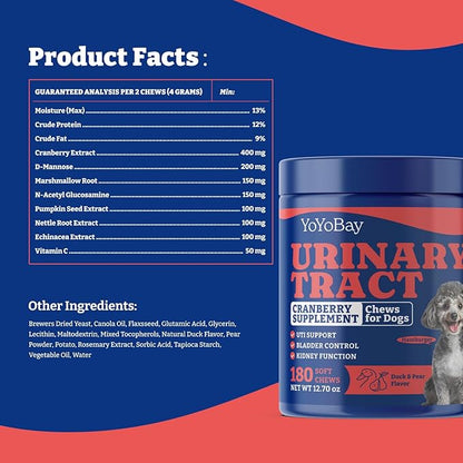 Dog UTI Treatment - 180 Dog Bladder Control Chews, Cranberry Supplement for Urinary Tract Health, Cranberry Chews for Dogs, Duck & Pear Flavor