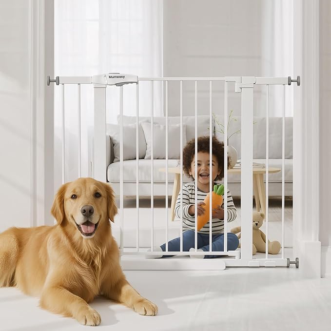 Baby Gate with Door, 26-40" Auto Close Dog Gate Indoor for Stairs Doorways, Easy Install Pressure Mounted Pet Gate, Easy Walk Through Child Safety Gate for the House, White