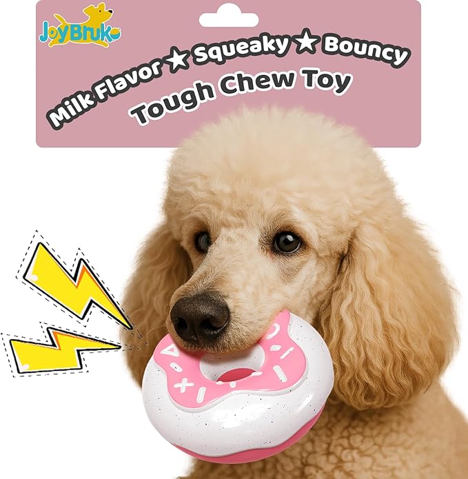 Dog Toys for Aggressive Chewers, Indestructible Squeaky Chew Toy to Keep Them Busy, Interactive Rubber Donut with Milk Flavor & Bounce, Teeth Cleaning for Small Medium Large Breed, Pink