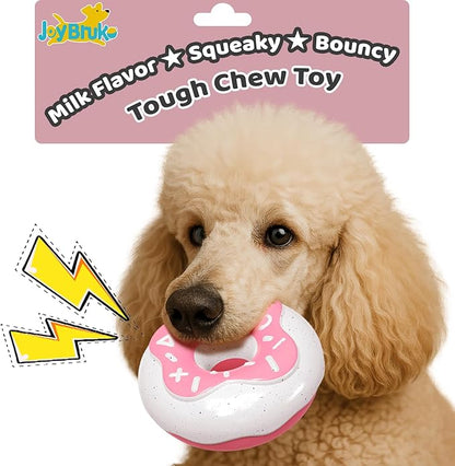 Dog Toys for Aggressive Chewers, Indestructible Squeaky Chew Toy to Keep Them Busy, Interactive Rubber Donut with Milk Flavor & Bounce, Teeth Cleaning for Small Medium Large Breed, Pink
