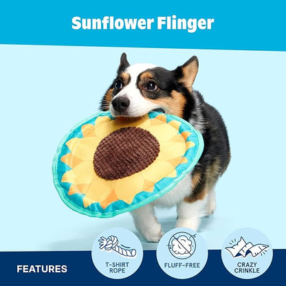 Barkbox Sunflower Flinger Flying Disc Dog Toy | Fluff-Free Crinkle Disc with T-Shirt Rope Edge | Durable Fetch Toy for Dogs & Puppies