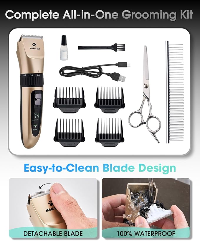 M&M STAR Dog Grooming Kit, Low Noise Dog Clippers, 2-Speed IPX7 Waterproof, Rechargeable Cordless Pet Hair Clippers Trimmer Shaver with LED Display for Small Large Dogs Cats, Gold