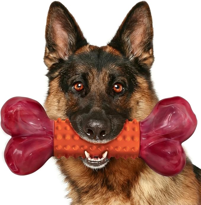 Apasiri Tough Dog Toys for Aggressive Chewers: Peanut Butter Flavored Long Lasting Dog Bones for Large Dogs, Heavy Duty Nylon & Rubber Dog Chew Toys to Keep Them Busy, Medium & Large Breed, Orange